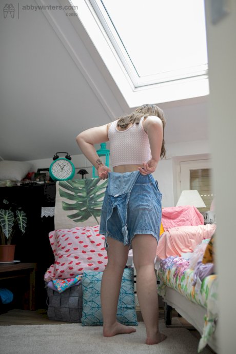 Small titted teen Kelsy gets spied on while dressing in a denim outfit