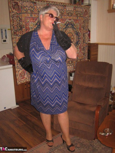 Fat granny Girdle Goddess gets naked in shades, gloves and pantyhose