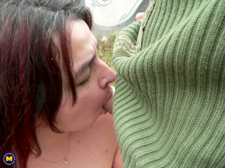 Chubby wife Elsie & her old hubby have an outdoor threesome with a young stud