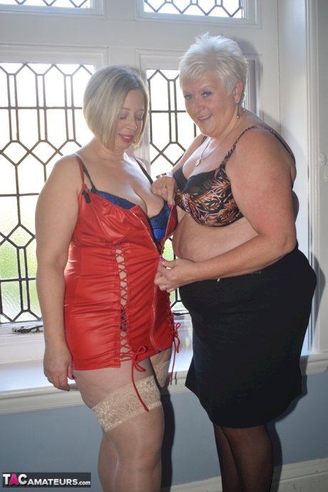 Overweight older lesbians disrobe to nylons before toying their pussies