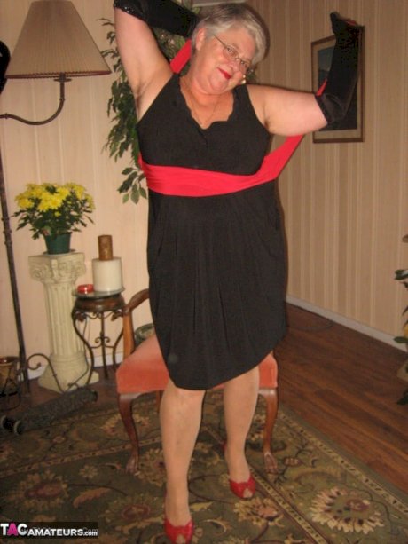 Old fatty Girdle Goddess fondles saggy tits in black velvet gloves and hose - Photo 8
