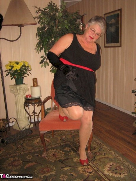 Old fatty Girdle Goddess fondles saggy tits in black velvet gloves and hose - Photo 7