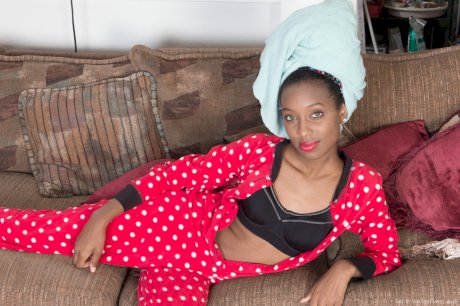 Slender ebony with tiny titties Saf strips and poses naked after shower