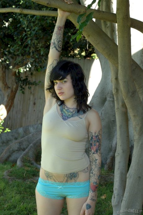 Tattooed punk chick takes her clothes off and poses in the backyard