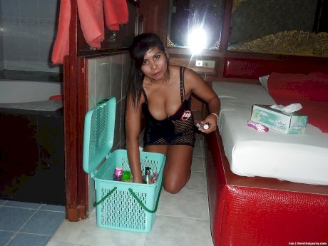 Busty Thai chick gets drunk and strips naked for boyfriend and bath