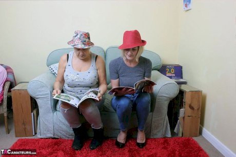 Two old lesbians exposes their big boobs and bare asses together