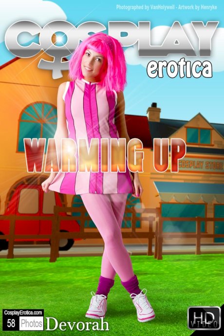 Adorable girl with pink hair Lazy Town exposes her nice body on a lawn