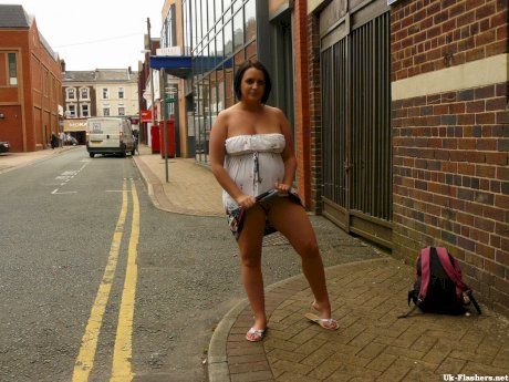 Overweight UK female flashes her tits and big butt on public street