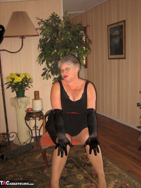 Old fatty Girdle Goddess fondles saggy tits in black velvet gloves and hose - Photo 5