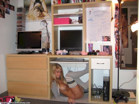 Blonde coed shows her big naturals while wearing thigh high socks - Photo 10
