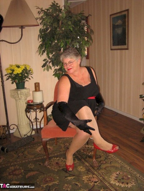 Old fatty Girdle Goddess fondles saggy tits in black velvet gloves and hose - Photo 6