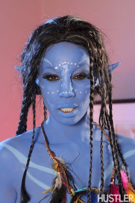 Cosplay beauty Misty Stone takes cock in nothing but blue body paint