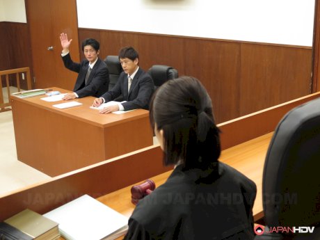 Small boobed Japanese brunettes get stripped and fucked in a courtroom