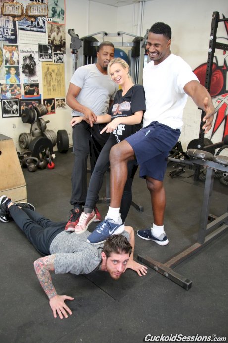 Busty blonde fucks 2 black men while her cuckold has to watch
