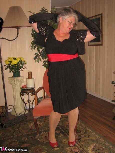 Old fatty Girdle Goddess fondles saggy tits in black velvet gloves and hose - Photo 3