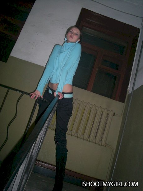 Tall thin amateur teen Tanya strips in the stairwell to secretly suck big cock