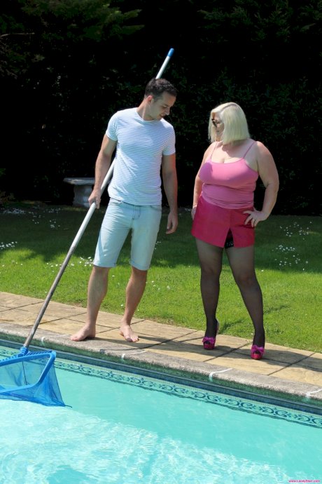 Naughty granny Lacey Starr lures a pool man into fucking her horny pussy