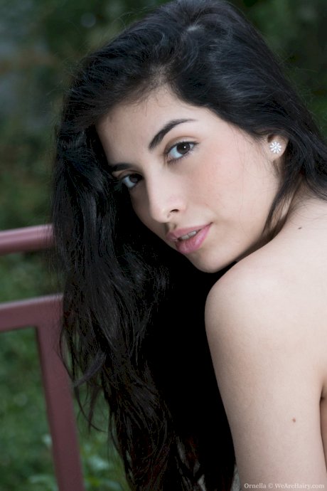 Breathtaking brunette Ornella strips & spreads her super hairy muff in public