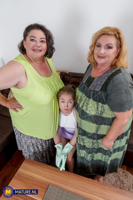 Petite lesbian teen eating chubby mom Jana's & Edina's fat pussies