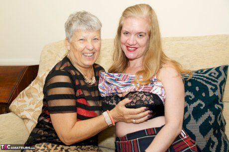 Horny nan and another older lady with saggy tits experiment with lesbian sex