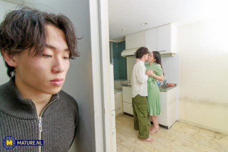 Japanese wife Megumi Satuki kisses her husband goodbye before sex with a boy