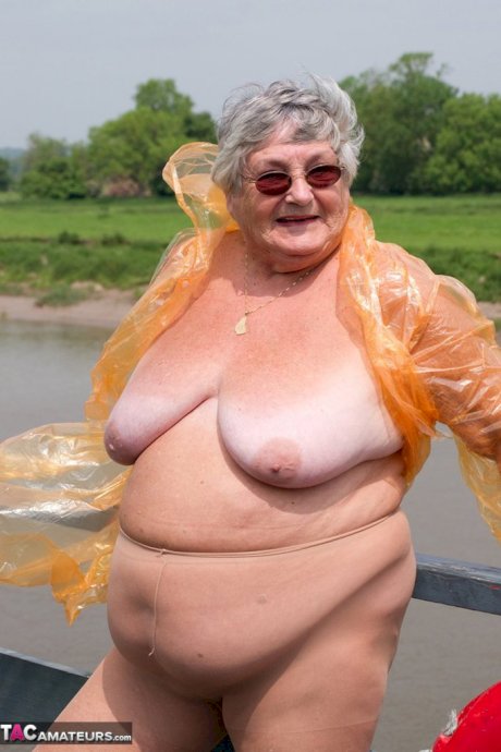 Obese British amateur Grandma Libby casts off a see-through raincoat