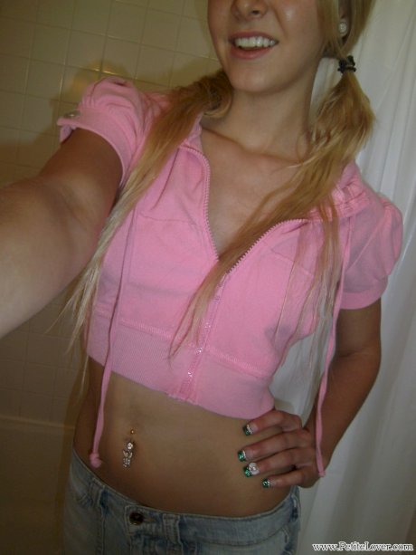 Petite blonde amateur Elle flaunts her small teen tits & flashes bald muff