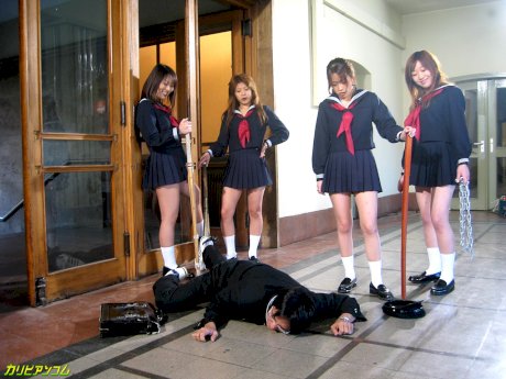 Asian schoolgirls get fucked by a kinky teacher on the school floor