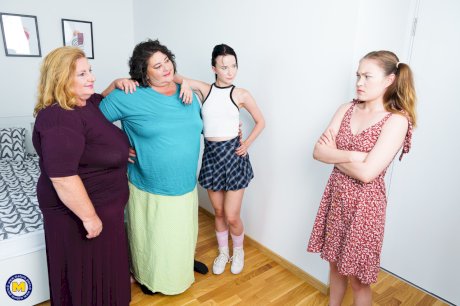 Obese old women have a lesbian foursome with slim young girls on a bed