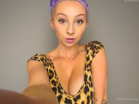 Short haired amateur Jana Fox takes self shots of her big tits and pink pussy