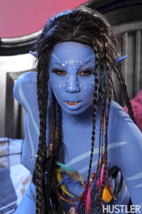 Cosplay beauty Misty Stone takes cock in nothing but blue body paint