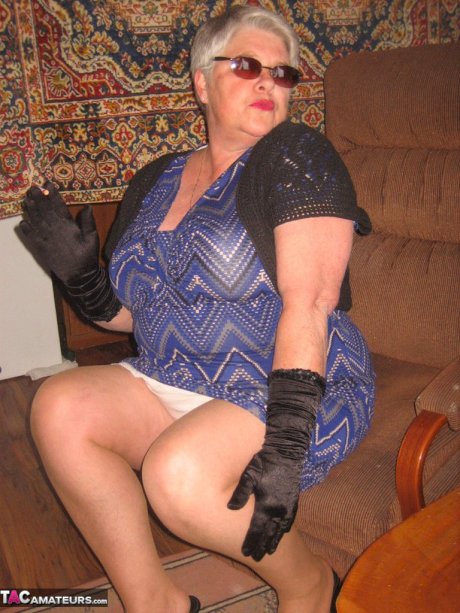 Fat granny Girdle Goddess gets naked in shades, gloves and pantyhose