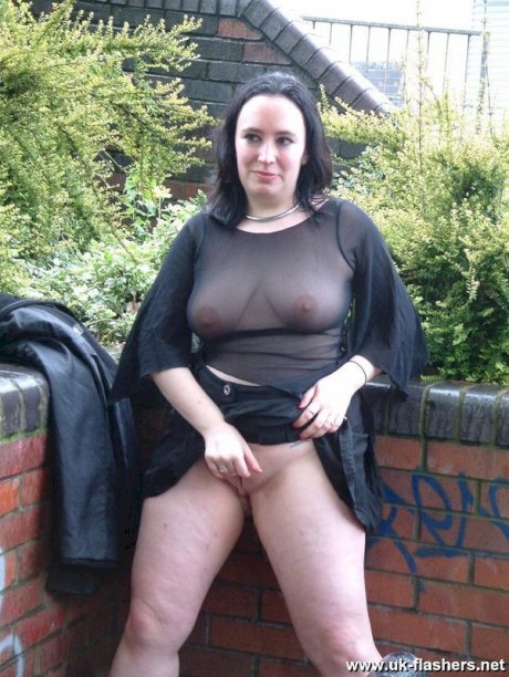 Overweight British woman flashes her big ass and twat in see thru top