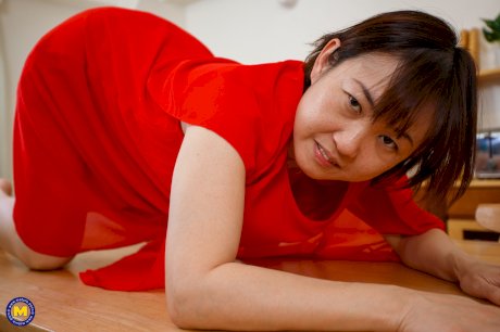 Japanese mom Yuki Kozakura posing in her red dress and panties in a solo