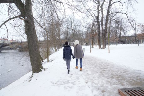 Lesbian girls Freya Dee & Sabrisse take a walk by the canal before sex at home