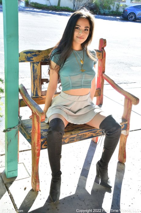 Hot amateur Alexis exposes herself in public while wearing over the knee boots porn pics