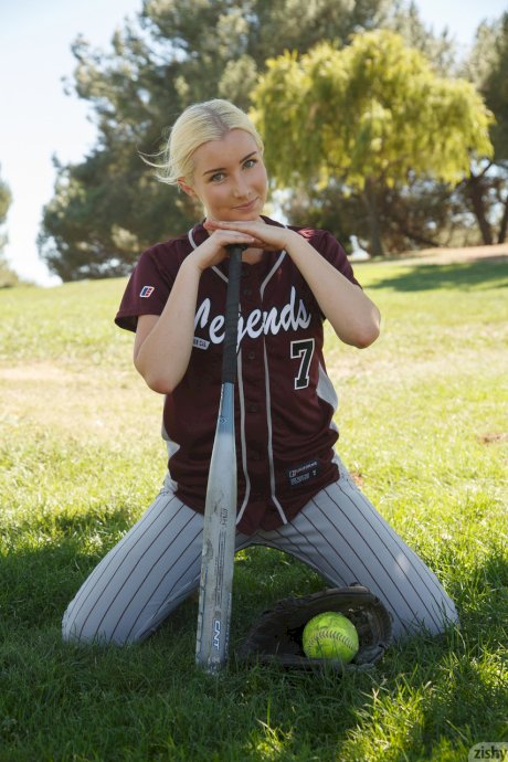 Sporty blonde Morgan Attwood flashing tiny tits & hot ass in a softball field