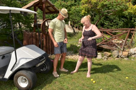 Sexy granny Nanney getting fucked by her horny stud on a golf cart