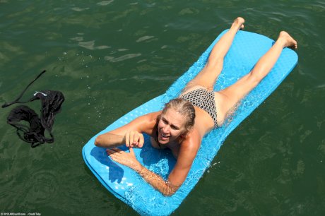 Mature hottie Sabrina P stripping, posing nude & masturbating on a floaty