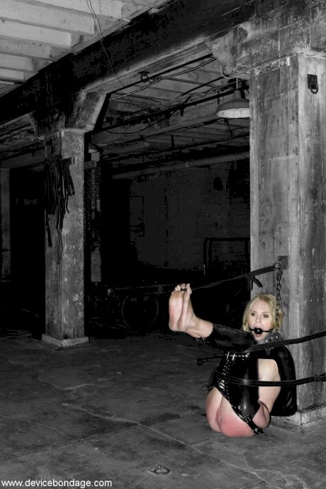 Restrained blonde slaves have her asshole masturbated by a man in dungeon - Photo 1