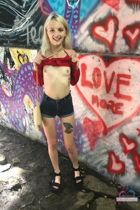 Amateur girlfriend Kate Bloom exposes her twat and small tits all over town
