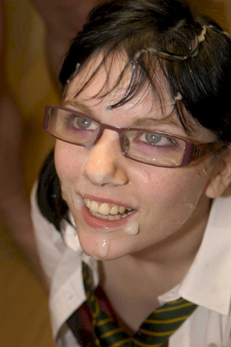 Brunette chick Jessica Lo gets cum on glasses during a bukkake party