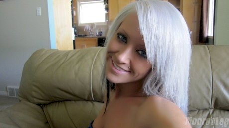White haired slut Monroe Lee takes a selfie of her big tits and naked twat