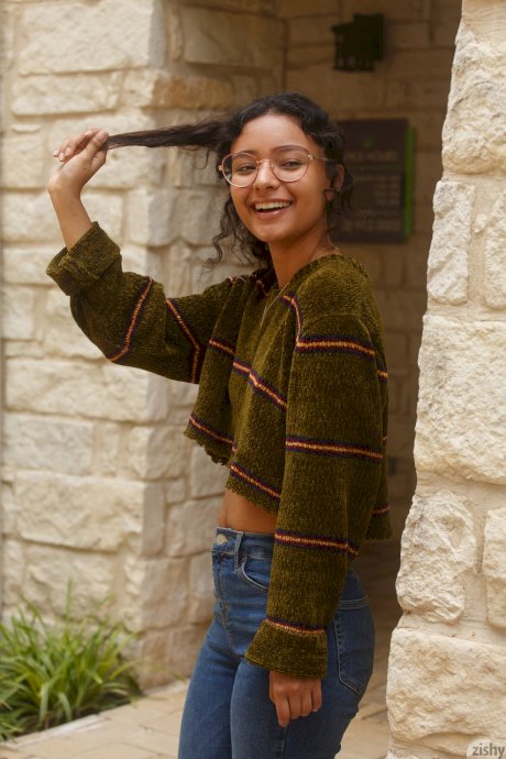 Cute teen in glasses Renee Macias shows her sweet bum and small boobs