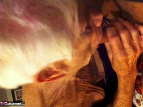 Really old granny shows off her cock sucking skills from a POV perspective