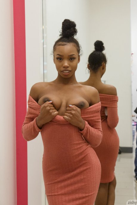 Sexy braless ebony teen Asia Amour getting naughty at the store