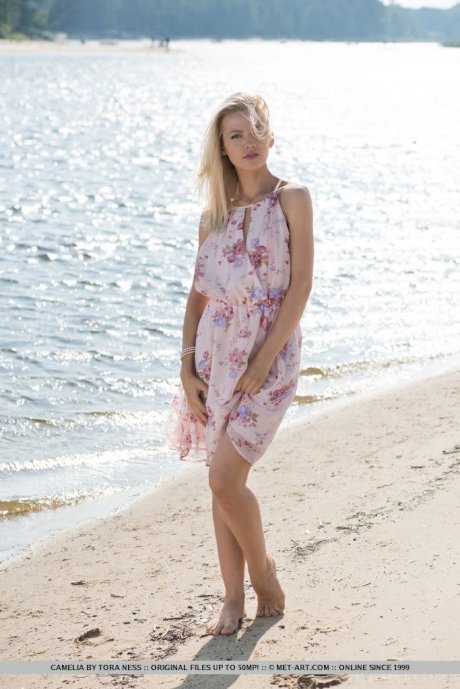 Blonde solo model slips off her dress and panties at the beach - Photo 1