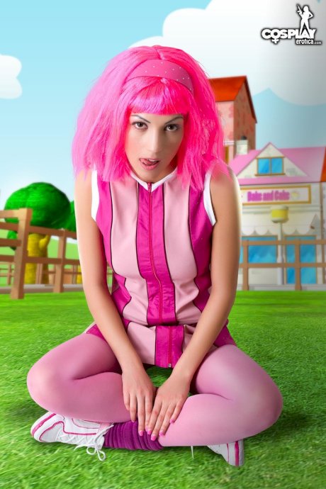 Adorable girl with pink hair Lazy Town exposes her nice body on a lawn
