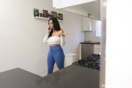 Dark-haired MILF Mona Azar gives head and displays her big tits before POV sex