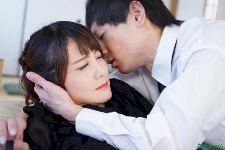 Asian wife with nice titties Saori Okumura rides dick with her trimmed vagina